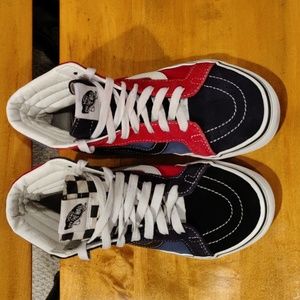 Vans men's 6 woman's 7.5  off the wall SK8 black blue red and white high tops